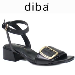 DIBA KATT BLACK SILVER BUCKLE DETAIL BLOCK HEEL ANKLE STRAP SQUARE TOE SANDALS